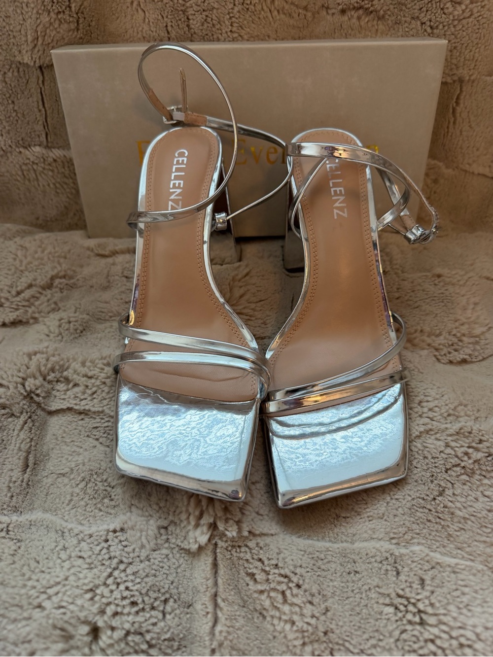 Elle Silver Mirrored Strap Block Heel Sandals